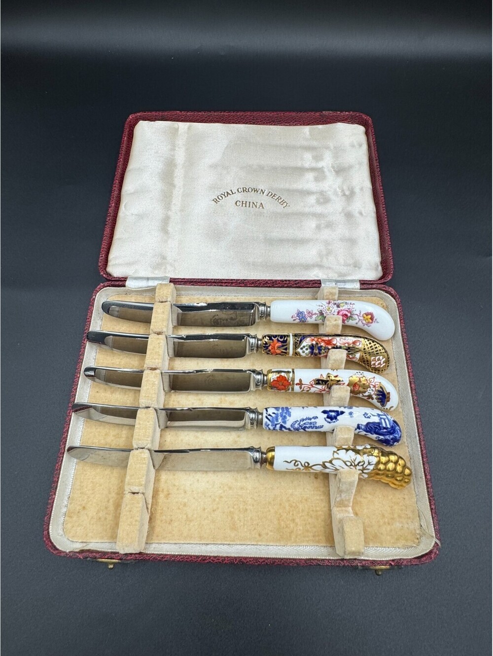Royal Crown Derby Mixed Pattern Porcelain Handled Knives Set of 5 Vintage Englan